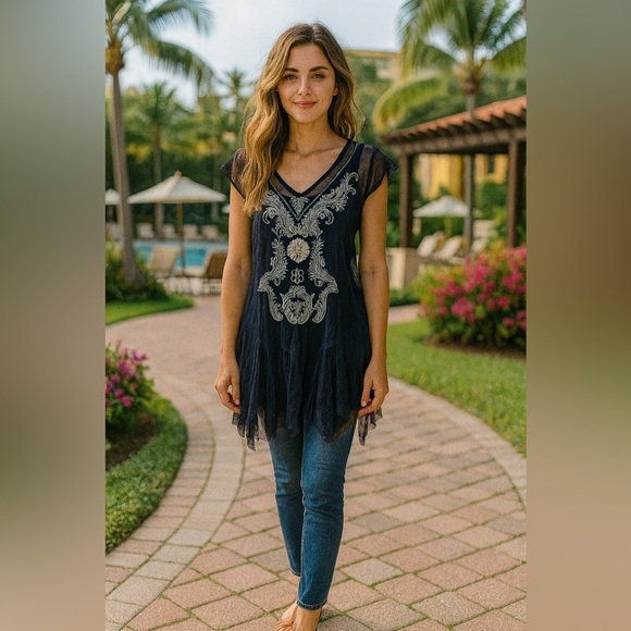 Johnny Was Dresses & Skirts - Johnny Was Biya Navy Blue Mesh Embroidered Sheer Dress Size Small